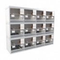 Block of 12 Cages, 3 on top and 4 beside each other, per cage 60cm wide and 50cm high, with nesting-box for canaries